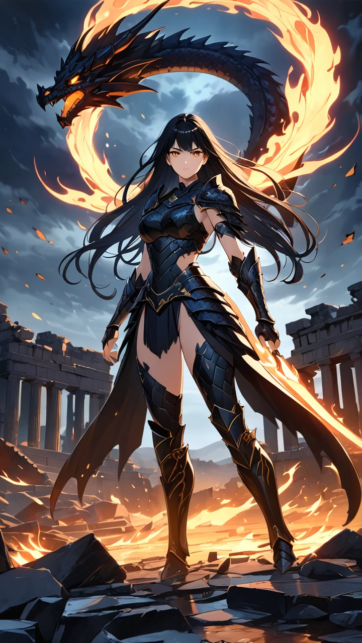 (((masterpiece, best quality, 8k))), female warrior, (full-body), obsidian dragon armor, ethereal glow, long flowing black hair, strands adorned with silver beads, piercing golden eyes, determined expression, standing atop a shattered battlefield, flames and shadows swirling around her, dragons circling in the stormy night sky, ancient ruins in the background, radiating power, (dramatic lighting, dynamic shadows)
