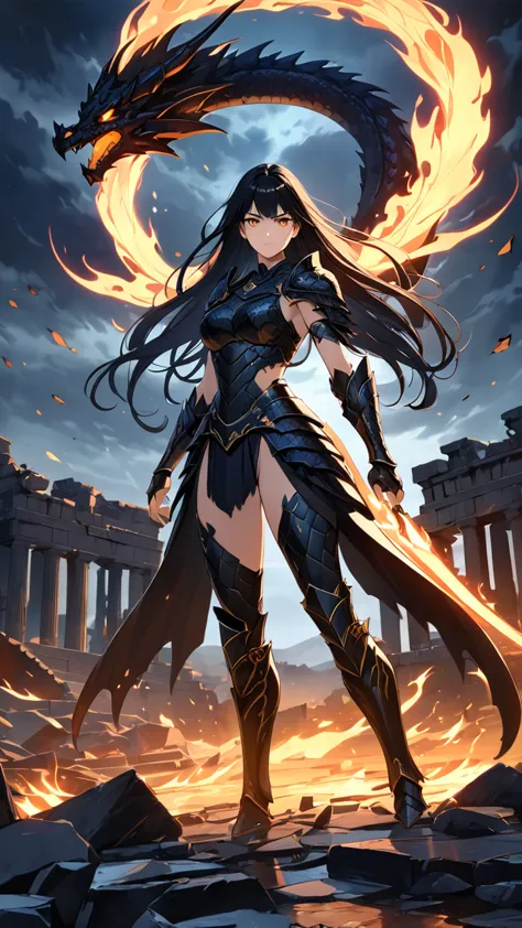 (((masterpiece, best quality, 8k))), female warrior, (full-body), obsidian dragon armor, ethereal glow, long flowing black hair,...