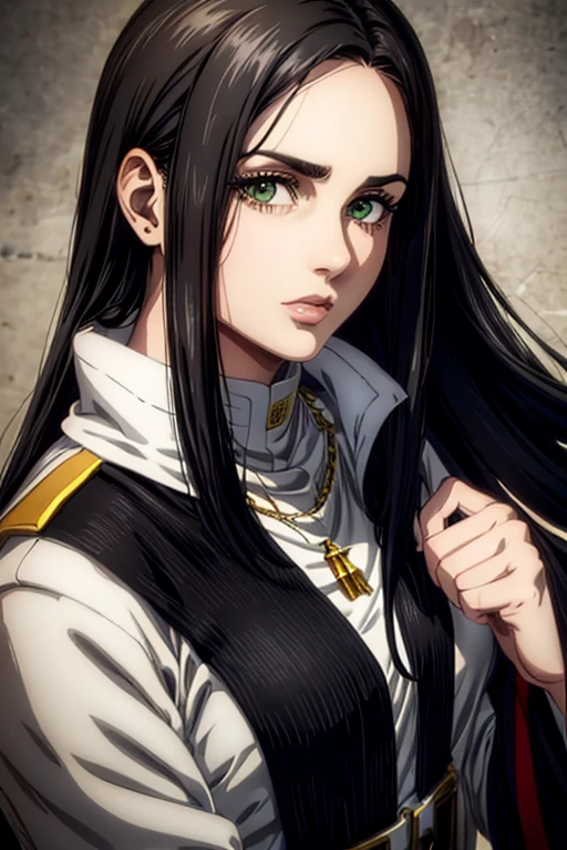 1 woman aged 35, long black hair, greeneyes, necklace on the neck, White military uniform, marley, liberia, Masterpiece artwork, best qualityer, retina, super detaill, 