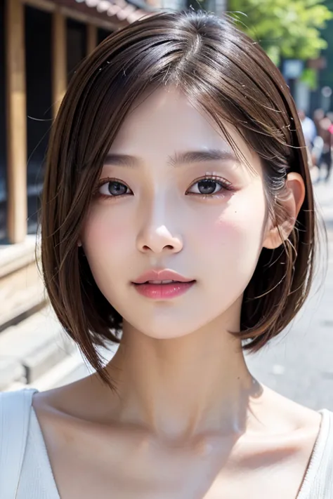 with the alleys of kyoto in the background、1 girl、independent、look forward to、light eye makeup、brown hair color、flat 、hair blowi...