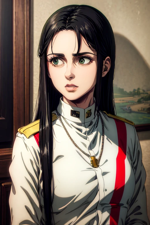 1 woman aged 35, long black hair, greeneyes, necklace on the neck, White military uniform, marley, liberia, Masterpiece artwork, best qualityer, retina, super detaill, 