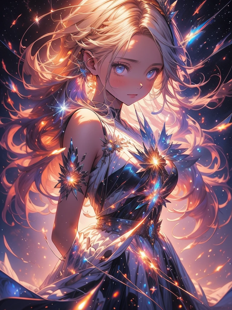 a picture taken from a digital painting of a girl in a dress, beautiful anime artwork, wearing a dress made of stars, beautiful anime art, makoto shinkai cyril rolando, magical dress, anime fantasy illustration, anime fantasy artwork, ethereal anime, anime girl with cosmic hair, dreamlike art, cosmic skies. by makoto shinkai, anime art wallpaper 4 k