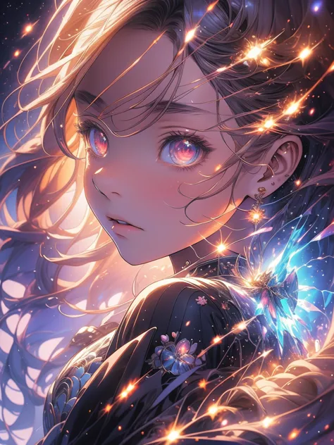 a picture taken from a digital painting of a girl in a dress, beautiful anime artwork, wearing a dress made of stars, beautiful ...