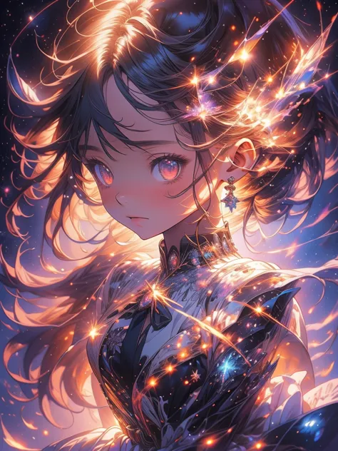 a picture taken from a digital painting of a girl in a dress, beautiful anime artwork, wearing a dress made of stars, beautiful ...