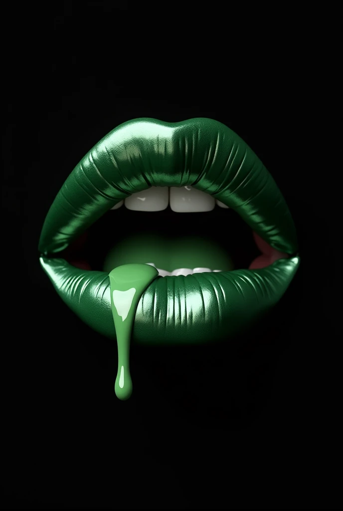 make a giant female closed mouth with shiny metallic dark green lips, It&#39;s just the mouth on a black background, There is a lipstick of the same color melting in contact with the lower lip, it is melting and dripping, 