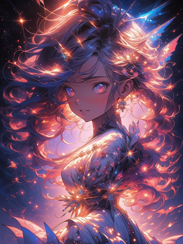 a picture taken from a digital painting of a girl in a dress, beautiful anime artwork, wearing a dress made of stars, beautiful anime art, makoto shinkai cyril rolando, magical dress, anime fantasy illustration, anime fantasy artwork, ethereal anime, anime girl with cosmic hair, dreamlike art, cosmic skies. by makoto shinkai, anime art wallpaper 4 k