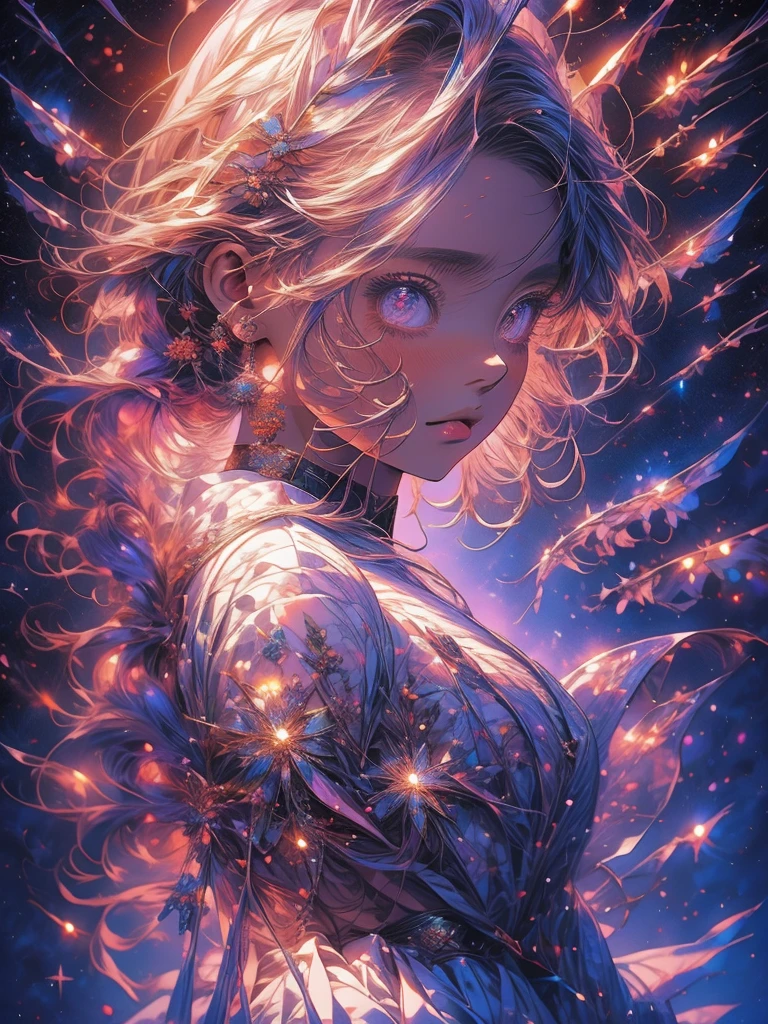 a picture taken from a digital painting of a girl in a dress, beautiful anime artwork, wearing a dress made of stars, beautiful anime art, makoto shinkai cyril rolando, magical dress, anime fantasy illustration, anime fantasy artwork, ethereal anime, anime girl with cosmic hair, dreamlike art, cosmic skies. by makoto shinkai, anime art wallpaper 4 k