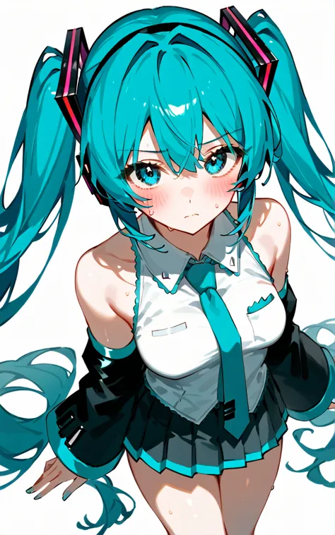 vocaloid, hatsune miku, absurd, high resolution, 1 girl, bare shoulders, black skirt, blue eyes, blue hair, blue tie, blush, bre...