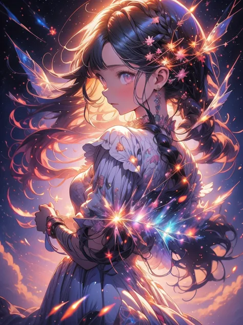 a picture taken from a digital painting of a girl in a dress, beautiful anime artwork, wearing a dress made of stars, beautiful ...