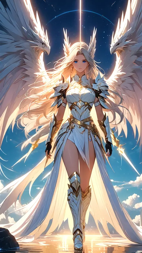 (((masterpiece, best quality, 8k))), celestial female warrior, (full-body), radiant white dragon armor, adorned with glowing ang...