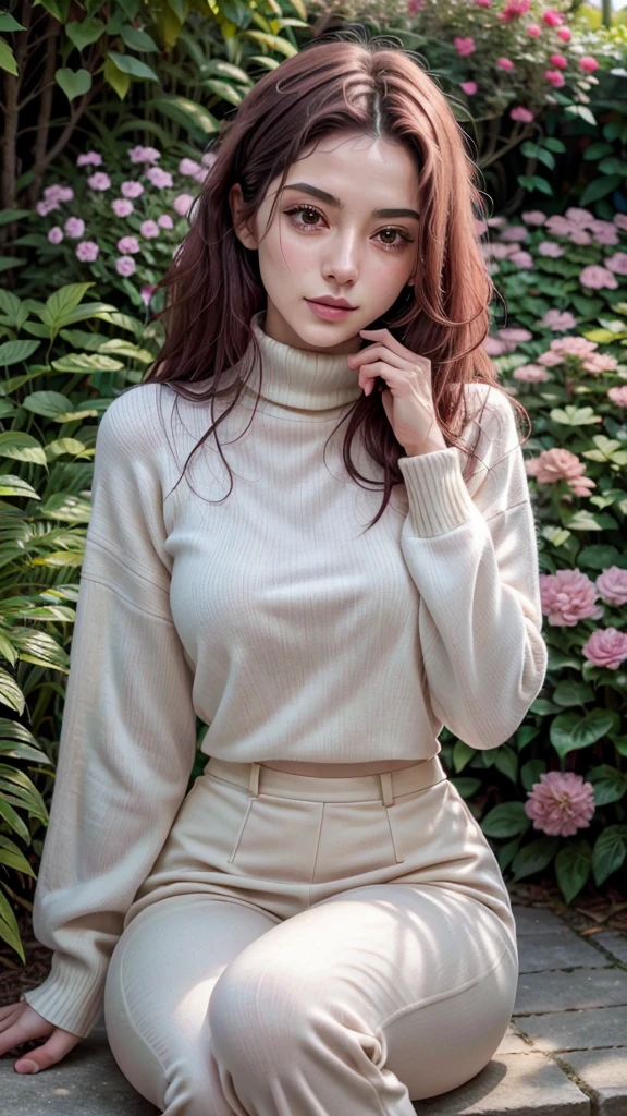 Do, with a good distance, The image of a woman, 3, comely, elegant and sophisticated. middle curvilinear body, medium length wavy black hair. She wears a white turtleneck blouse and beige pants. she is sitting in a comely garden with flowers around her. she must be keeping her mouth shut. your hand must be realistic human. Well-groomed and realistic hands. Photo with 9k quality and blur