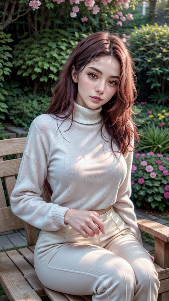 Do, with a good distance, The image of a woman, 3, comely, elegant and sophisticated. middle curvilinear body, medium length wavy black hair. She wears a white turtleneck blouse and beige pants. she is sitting in a comely garden with flowers around her. she must be keeping her mouth shut. your hand must be realistic human. Well-groomed and realistic hands. Photo with 9k quality and blur