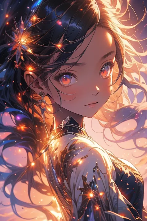 a picture taken from a digital painting of a girl in a dress, beautiful anime artwork, wearing a dress made of stars, beautiful ...