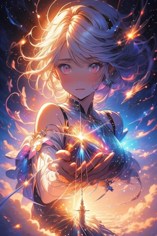 a picture taken from a digital painting of a girl in a dress, beautiful anime artwork, wearing a dress made of stars, beautiful anime art, makoto shinkai cyril rolando, magical dress, anime fantasy illustration, anime fantasy artwork, ethereal anime, anime girl with cosmic hair, dreamlike art, cosmic skies. by makoto shinkai, anime art wallpaper 4 k