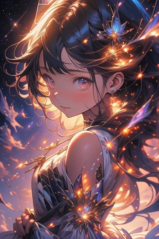 a picture taken from a digital painting of a girl in a dress, beautiful anime artwork, wearing a dress made of stars, beautiful anime art, makoto shinkai cyril rolando, magical dress, anime fantasy illustration, anime fantasy artwork, ethereal anime, anime girl with cosmic hair, dreamlike art, cosmic skies. by makoto shinkai, anime art wallpaper 4 k