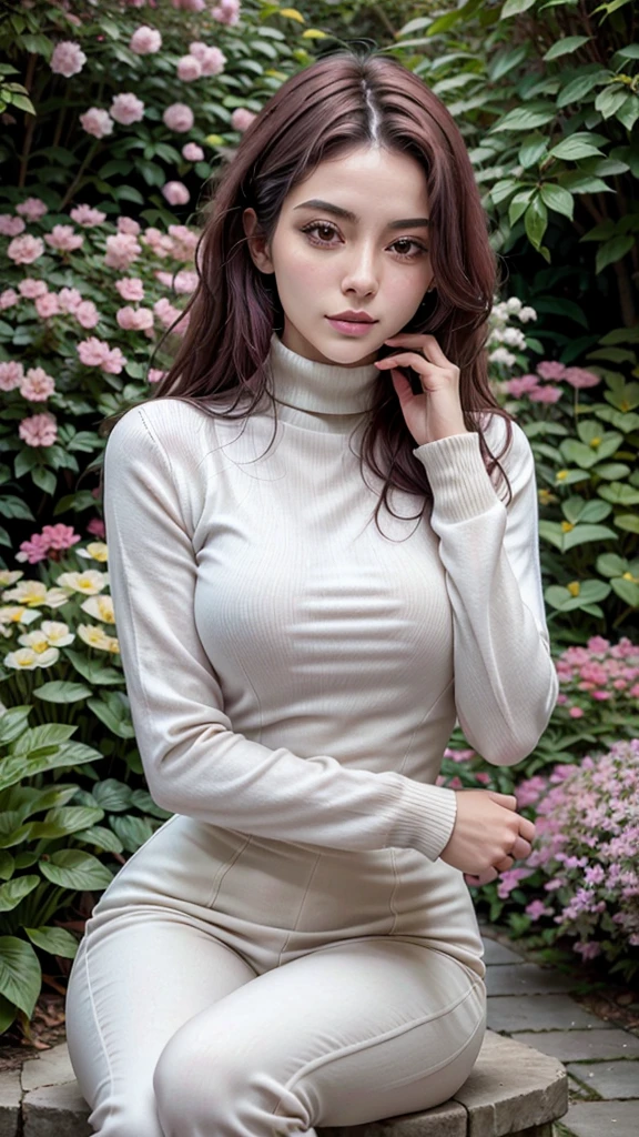 It generates, with a good distance, the image of a woman, 3, beautiful, elegant and sophisticated. curvy medium body, medium length wavy black hair. she wears a white turtleneck blouse and beige pants. she is sitting in a beautiful garden with flowers around her. she must have her mouth closed. your hand must be realistic human. Manicured and realistic hands. Photo with 9k quality and blur