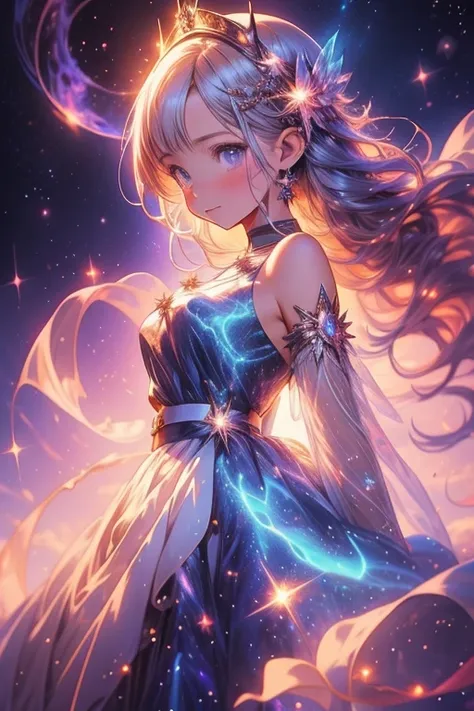 a picture taken from a digital painting of a girl in a dress, beautiful anime artwork, wearing a dress made of stars, star on dr...