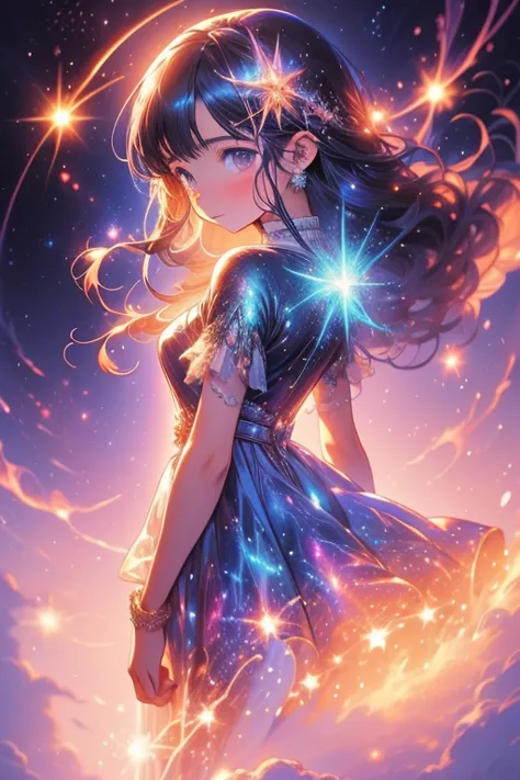 a picture taken from a digital painting of a girl in a dress, beautiful anime artwork, wearing a dress made of stars, star on dr...