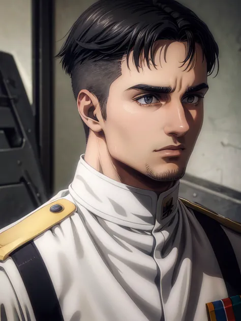 1 man, military hair black, gray eyes, white military uniform, quartel general, high resolution, masterpiece artwork, super deta...