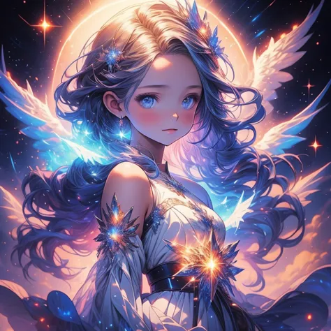 a picture taken from a digital painting of a girl in a dress, beautiful anime artwork, wearing a dress made of stars, star on dr...