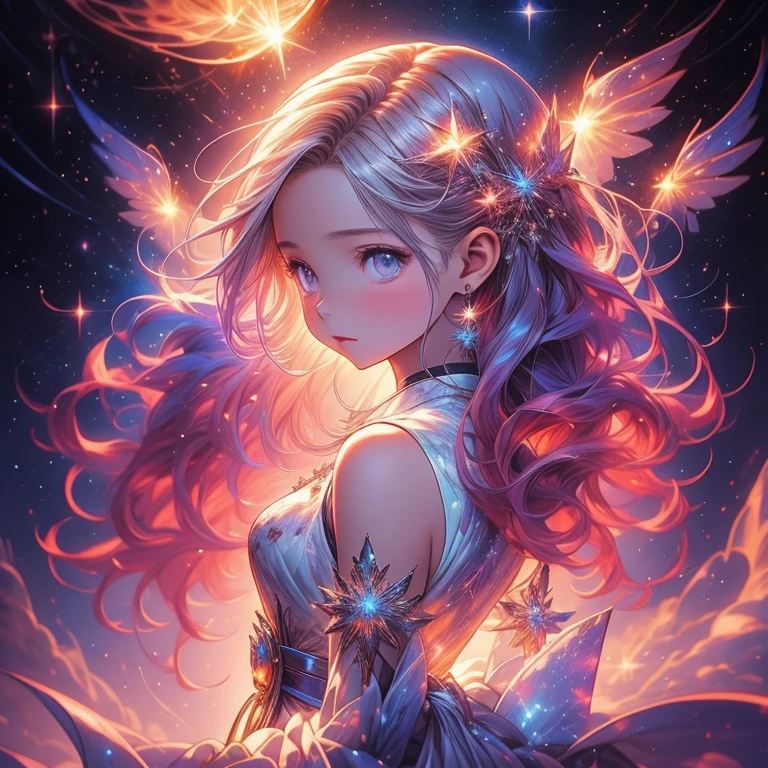 a picture taken from a digital painting of a girl in a dress, beautiful anime artwork, wearing a dress made of stars, star on dress, beautiful anime art, makoto shinkai cyril rolando, magical dress, anime fantasy illustration, anime fantasy artwork, ethereal anime, anime girl with cosmic hair, dreamlike art, cosmic skies. by makoto shinkai, anime art wallpaper 4 k