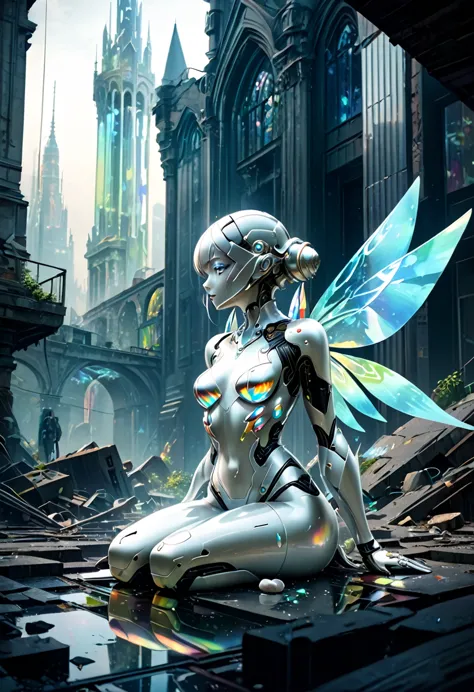 dream fantasy world, made of carved from pearl platinum crystal, beautiful android cyborg, sitting on rubble and playing with tr...