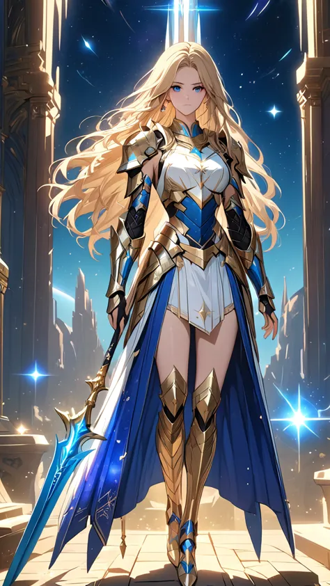 (((masterpiece, best quality, 16k))) female character with long blonde hair and bright blue eyes. she wears a celestial armor in...