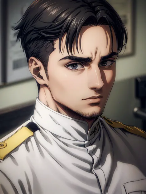 1 man, military hair black, gray eyes, white military uniform, quartel general, high resolution, masterpiece artwork, super deta...