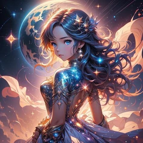 a picture taken from a digital painting of a girl in a dress, beautiful anime artwork, wearing a dress made of stars, star on dr...