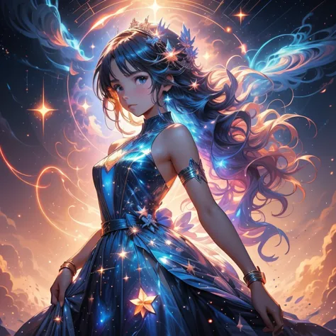 a picture taken from a digital painting of a girl in a dress, beautiful anime artwork, wearing a dress made of stars, star on dr...