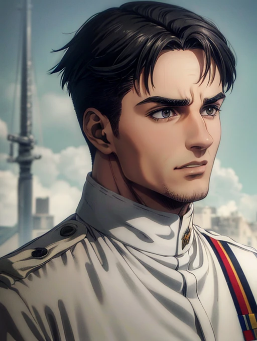 1 man, military hair black, gray eyes, White military uniform, quartel general, high resolution, Masterpiece artwork, super detaill, 