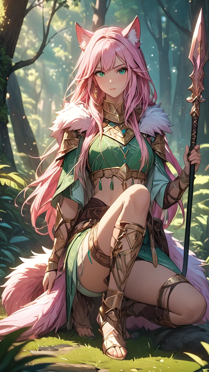 (((masterpiece, best quality, high detailed, 16k))) (1girl) A captivating  elven warrior with long, flowing pink hair, her eyes sparkling with determination and grace. She wears a unique armor crafted from animal pelts, blending seamlessly with the natural world. The armor, a mix of earthy tones and soft fur, provides both protection and agility, adorned with tribal patterns and symbols of her connection to the wild. She wields a sleek, elegant spear, its blade gleaming with a sharp, deadly edge. The spear's shaft is decorated with intricate carvings and feathers, enhancing its natural beauty. Her stance is poised and ready, exuding both strength and elegance. Her presence radiates a fierce yet harmonious energy, reflecting her bond with nature and her warrior spirit. ((full body view:1.4))