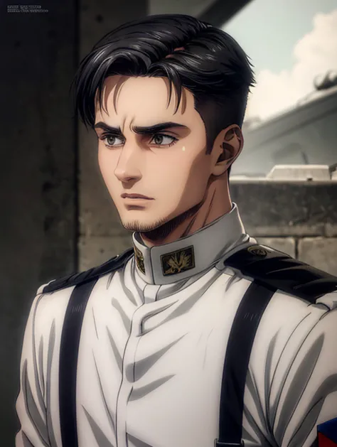 1 man, military hair black, gray eyes, white military uniform, quartel general, high resolution, masterpiece artwork, super deta...