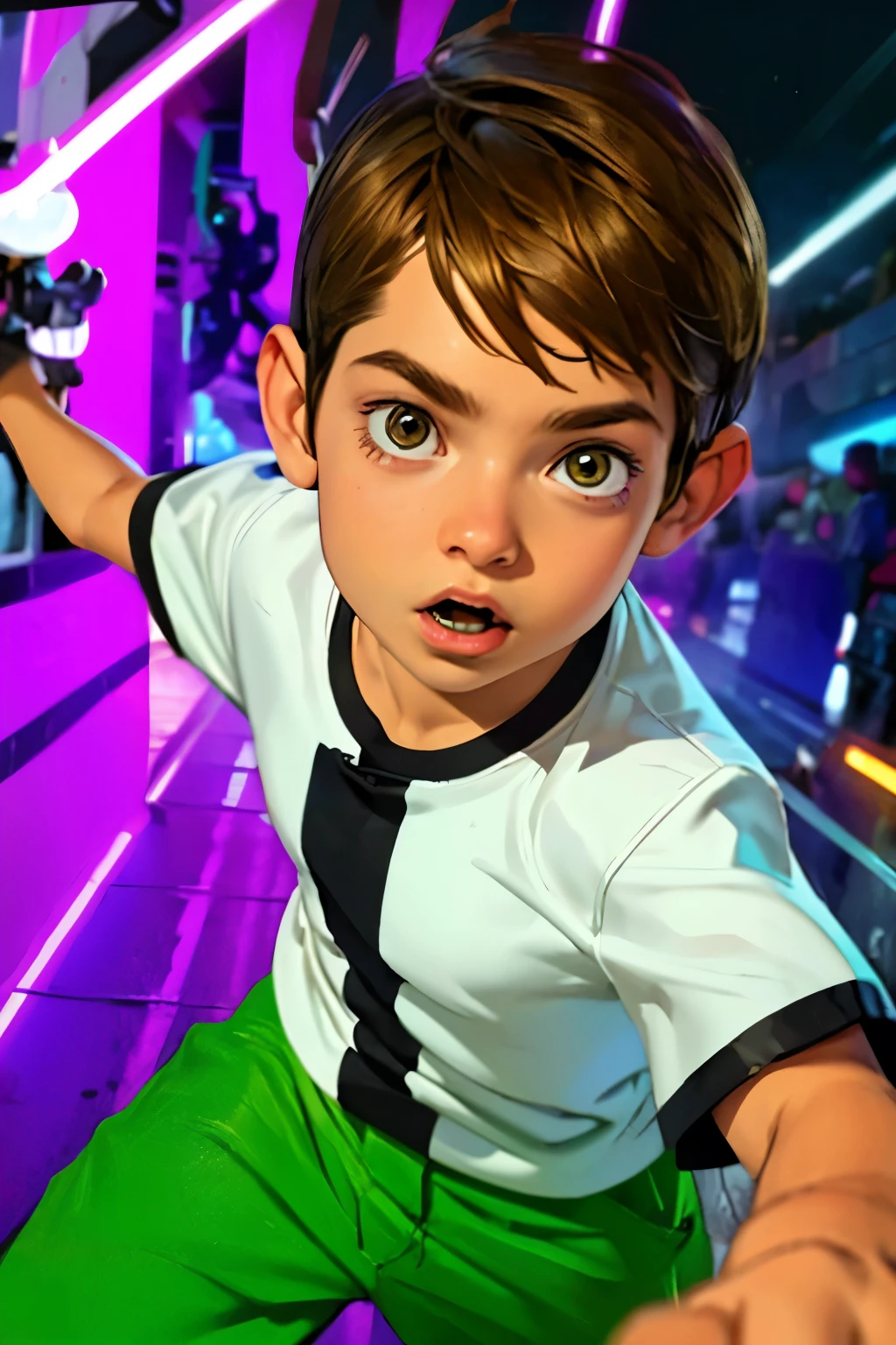 Movie poster, Ben 10 (((A child, 4yo ))), brown eyes, (((wearing a white outfit with black stripe in the center, green pants))) , showing fist. (Omnitrix on arm)) . (Action facial expression ) . highy detailed, face detailed, realisitic, cinematic lighting, studio quality, proffesional, face detailed, intrikate, bright coloured. ((abstract lighting background)).