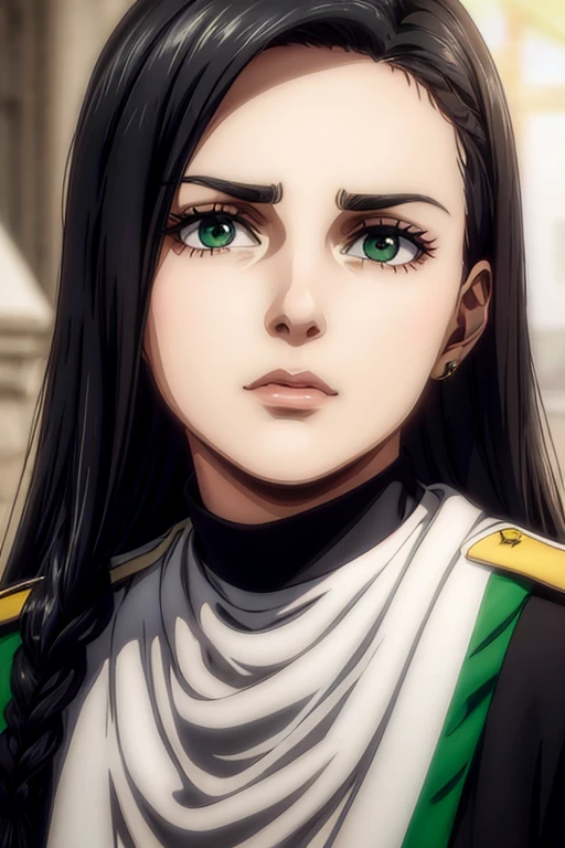 1 woman aged 35, long black hair, greeneyes, neutral expression, necklace on the neck, White military uniform, marley, liberia, Masterpiece artwork, best qualityer, retina, super detaill, 