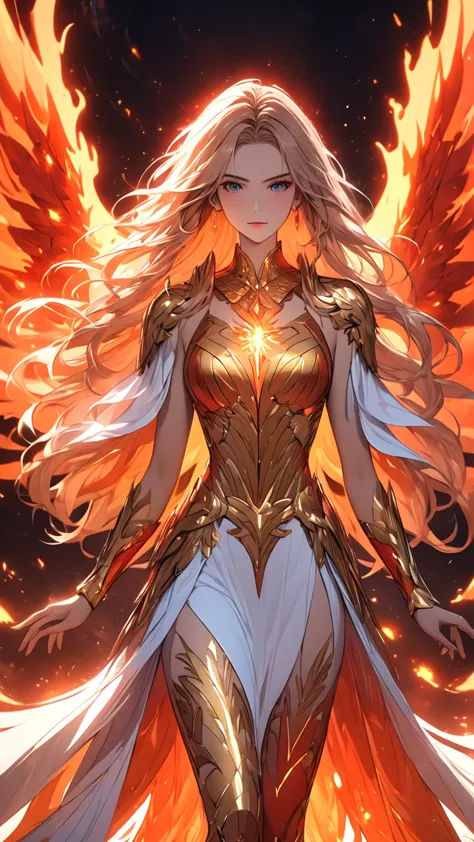 (((masterpiece, best quality, high detailed, 16k))) (1girl) a radiant young girl imbued with the powers of the phoenix, her eyes...