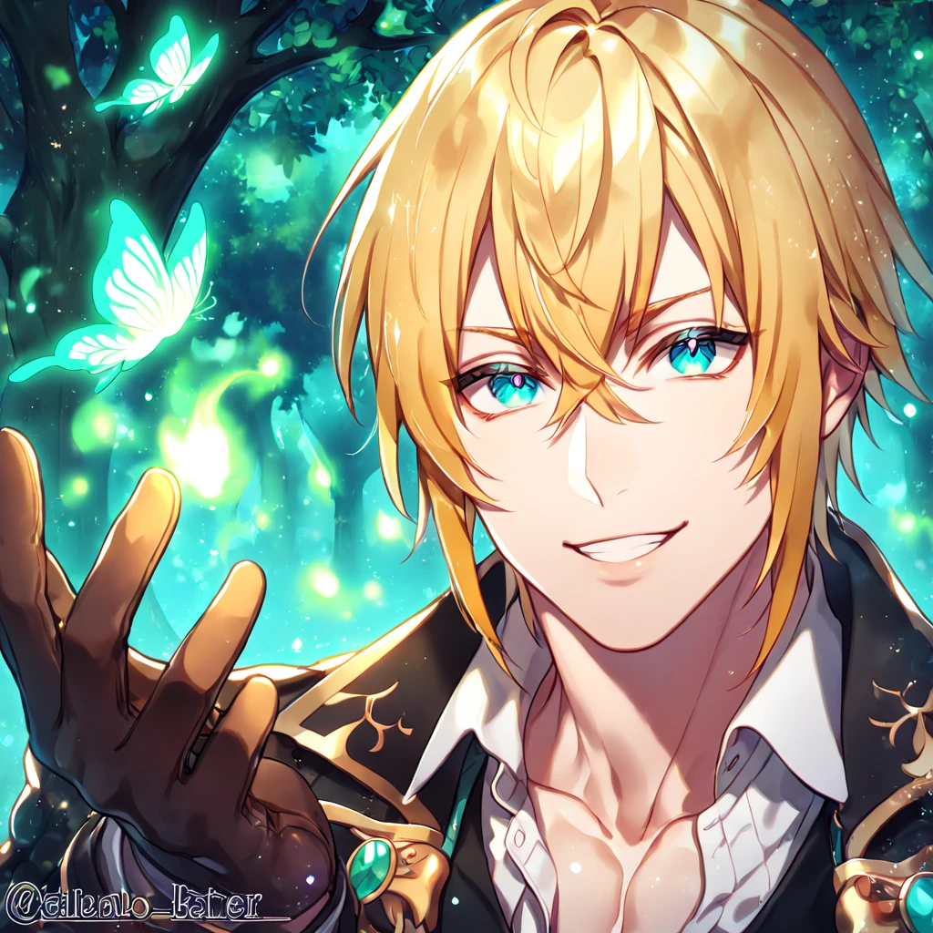 absurdres, highres, ultra detailed, HDR, master piece, best quality, extremely detailed, detailed eyes, Eizen, blonde hair, expressive turquoise eyes, Tales Of Beseria, solo, sexy man, sensual, handsome, smile, manly man, adult face, black coat, white shirt, black vest, unbuttoned shirt, brown gloves, under a green tree, fantasy, magical, glittering fireflies, green butterflies, green flames, magic, green leaves