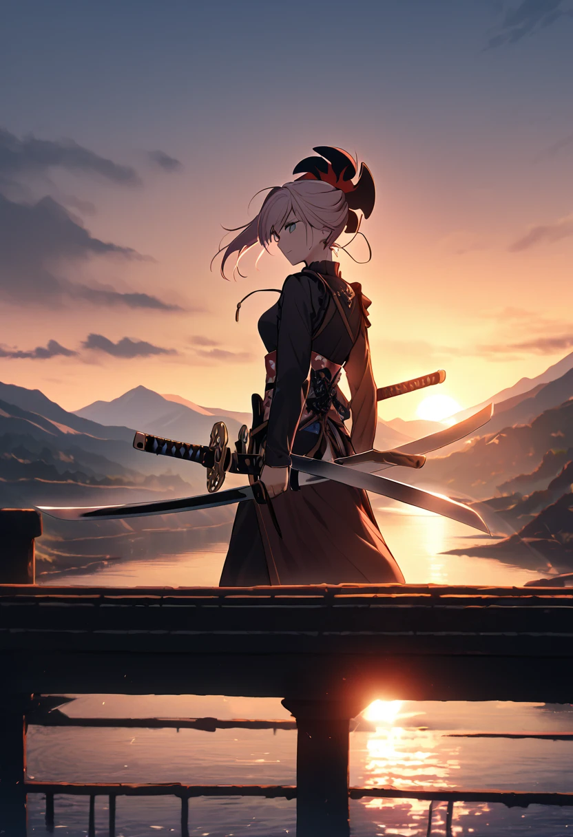 On an old bridge lit by the setting sun、Miyamoto Musashi with swords in both hands、Taking a dual-sword stance。His posture is stable、The swords in his hands reflect the light sharply at different angles.。There is silence all around.、In the background is a flowing river and a hazy mountain in the distance.々is vaguely visible。The innovative nature of his dual wielding style is expressed through his calm expression.