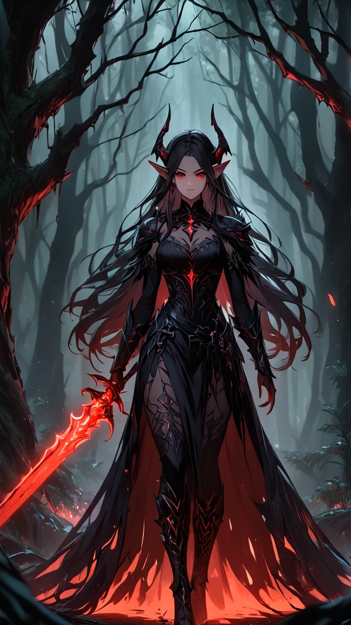 A stunning artwork of a fierce demonic elf standing in a cursed forest. The full-body view showcases her in dark armor, exuding an aura of malevolent grace and unyielding power. Her long, flowing dark gray hair frames a face of eerie beauty, highlighted by red eyes that glow with otherworldly menace. She holds a cursed sword, intricately designed and radiating dark energy, adding to her formidable presence. The scenery around her is a twisted, shadowy forest with gnarled trees and glowing red eyes peering from the darkness. Mist and sinister shadows enhance the ominous atmosphere, creating a scene of haunting dread.