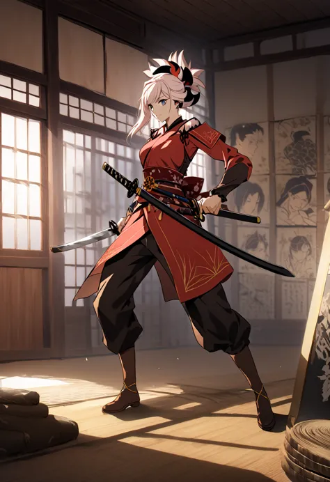 swordsman of the sengoku period、miyamoto musashi with two swords、holding it strongly with both hands。he stares ahead with a shar...