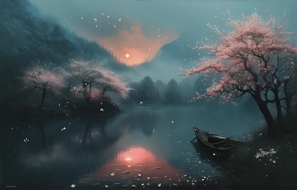 masterpiece of materpieces, PHOTOREALITIC, DENSE MIST. Smokey skies cast eerie light in the Anthropocene on a lake surrounded by cherry blossom trees, snow falling, pink dandelions covered in snow in enchanted forest, heavy mist and fog over the lake, fairy tale vibes, petals floating, dreamy looking, Sun burning like fire. Stars on the sky. Field filled with white flowers. PHOTOREALISTIC and cinematic. Nikon Z9