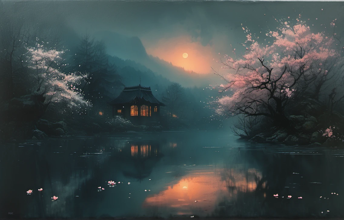 masterpiece of materpieces, PHOTOREALITIC, DENSE MIST. Smokey skies cast eerie light in the Anthropocene on a lake surrounded by cherry blossom trees, snow falling, pink dandelions covered in snow in enchanted forest, heavy mist and fog over the lake, fairy tale vibes, petals floating, dreamy looking, Sun burning like fire. Stars on the sky. Field filled with white flowers. PHOTOREALISTIC and cinematic. Nikon Z9