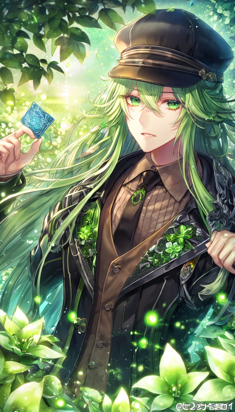 absurdres, highres, ultra detailed, HDR, master piece, Ukyo, light green hair, long hair, expressive green eyes, black long jacket, black cap, brown shirt, black necktie, Amnesia Memories, sexy man, handsome, best quality, green blossoms, green petals, green flowers, fantasy, magical, green shining fireflies, solo, water, cards of joker,