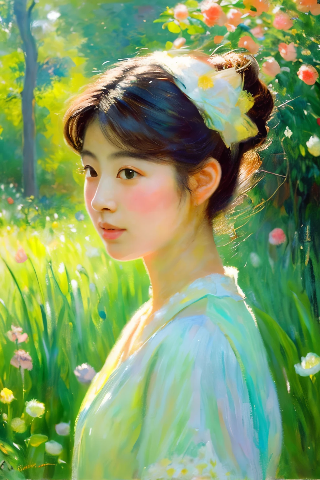 Create a detailed, impressionistic portrait of a Japanese woman, inspired by the painting style of Claude Monet. The woman's features should be delicate and elegant, capturing the serene and gentle expression often seen in traditional Japanese art. Her hair should be styled simply, possibly adorned with traditional accessories like a hairpin. The background should evoke a soft, dreamlike quality with light and color blending harmoniously, similar to Monet's use of dappled light and vibrant tones. The overall composition should have a painterly touch, with visible brushstrokes and a sense of movement in the colors, creating a scene that feels both vivid and ethereal.