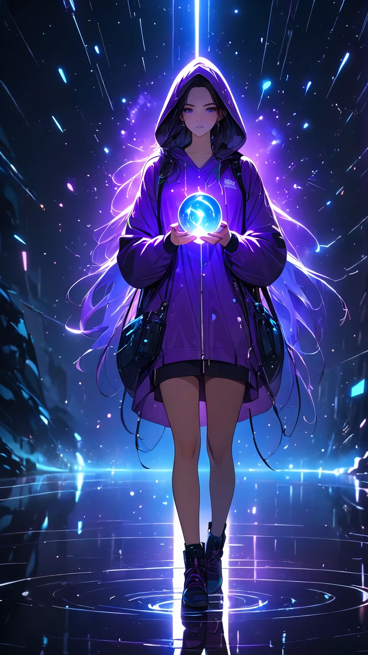 (((masterpiece, best quality, 8k))) full-body shot of a hooded girl with a perfect face, standing on a reflective ground. She is holding a source of blue and purple light energy, with many particles surrounding her. The environment is dark and misty, with the only source of light coming from the energy and particles, all glowing in blue and purple tones. The atmosphere is mysterious and otherworldly, with a misty haze drifting around her feet. Her face is partially obscured by the hood, and her eyes are focused intently on the luminous orb in her hands, astronomy back ground