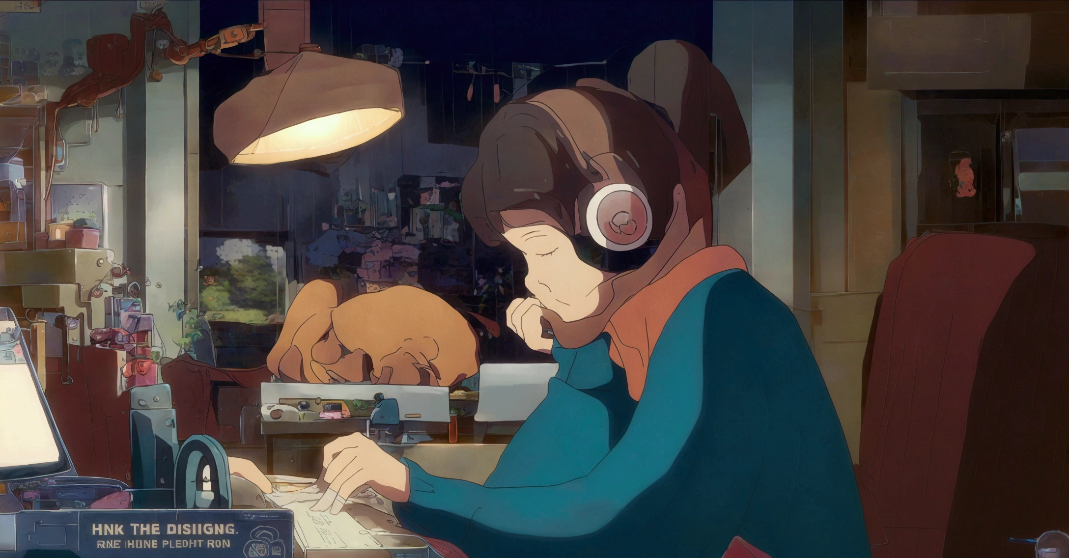 A young woman with brown hair and a Ghibli-style look "praise" Branded headphones, sitting at a wooden desk writing in a notebook. She is wearing a green sweater and a red scarf. The setting is cozy, There is a view of the city from the window、Dimly lit night room. On the desk is color々There are things like that on display., Including potted plants, Pencil holder, Scissors and a laptop with an open web page. Orange cat sleeping behind a potted plant. There are other decorations in the room too., Shelves filled with books, lamp, Small toys and pictures. The overall atmosphere is calm and educational.. Anime-style illustration of a woman studying at a desk with a laptop. The night cityscape is visible in the background., There are potted plants and stationery lined up on the desk.. You can also see a cat sleeping behind her..