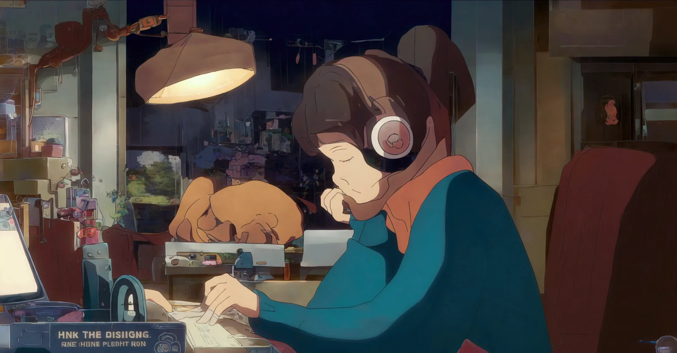 a young woman with brown hair and a ghibli-style look "praise" branded headphones, sitting at a wooden desk writing in a noteboo...