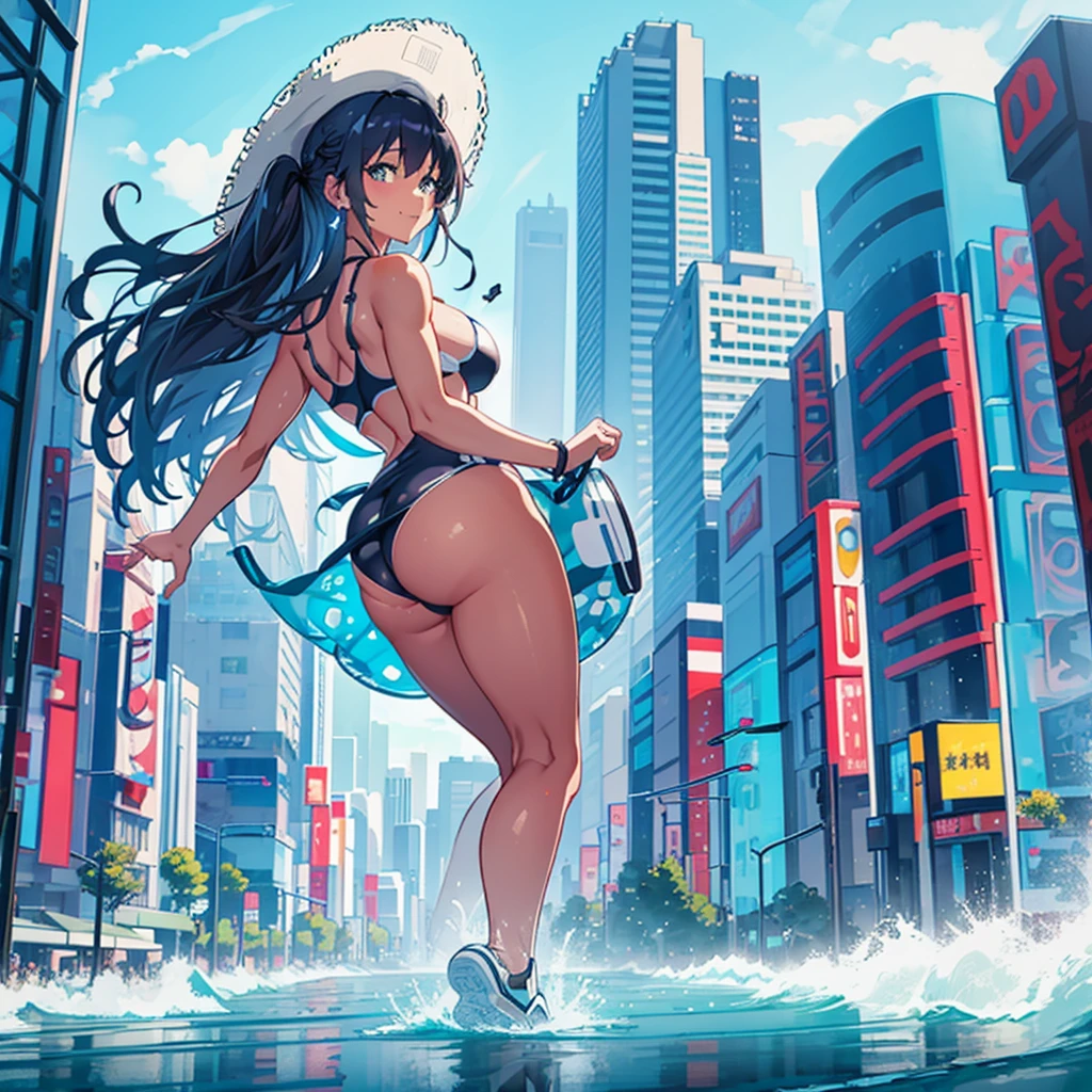 Composition seen from below Blue sky,((buttocks)) ((turns back))  thunderclouds, sunlight, masterpiece Anime-style delicate painting 4K 90's Huge Multiple crowds Crowd in a big city Many people ((Giant high school girl standing on the road)) ((((Bikini) Swimsuit)) ) ((Straw hat)) ((Tanned skin)) ((Dark skin)) ((Big city)), ((Tokyo Akihabara Electric Town)), Big breasts, High school girl, Transparent costume, Lots of sweat, Water splash, sneakers, watch, black hair, smile, Female Titan Titan girl full body crowd Unreal Engine, cleavage, image, earrings, cute photo, beauty, analog style, full body, sneakers, GTS, Giant Female Titan, building cleavage A girl in a skyscraper district, a big city, a GTS, a giant female giant,