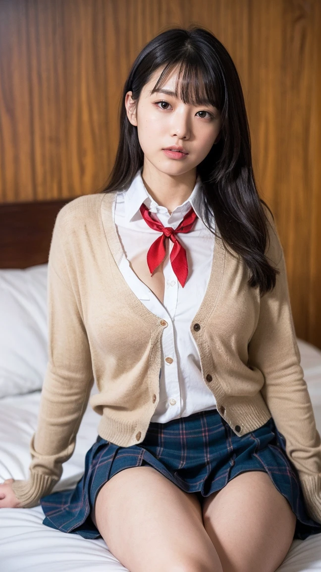 (((8k、High resolution、Highest quality、High resolution)))alone、Natural body shape、White skin、Natural Makeup、Black Hair、bangs、Straight Long Hair、、((High School Uniform)) 、((Beige cardigan、white collared long sleeve blouse))、((Red checkered pleated skirt))、(red school ribbon)、、(Big Breasts:1.3)、((The upper body is wearing a uniform))、(Looking at the camera)、(((Head to shin portrait)))、(((Exposing your thighs)))、Bedroom、On the bed、Sit with your legs apart、((Focus on the crotch))、White socks