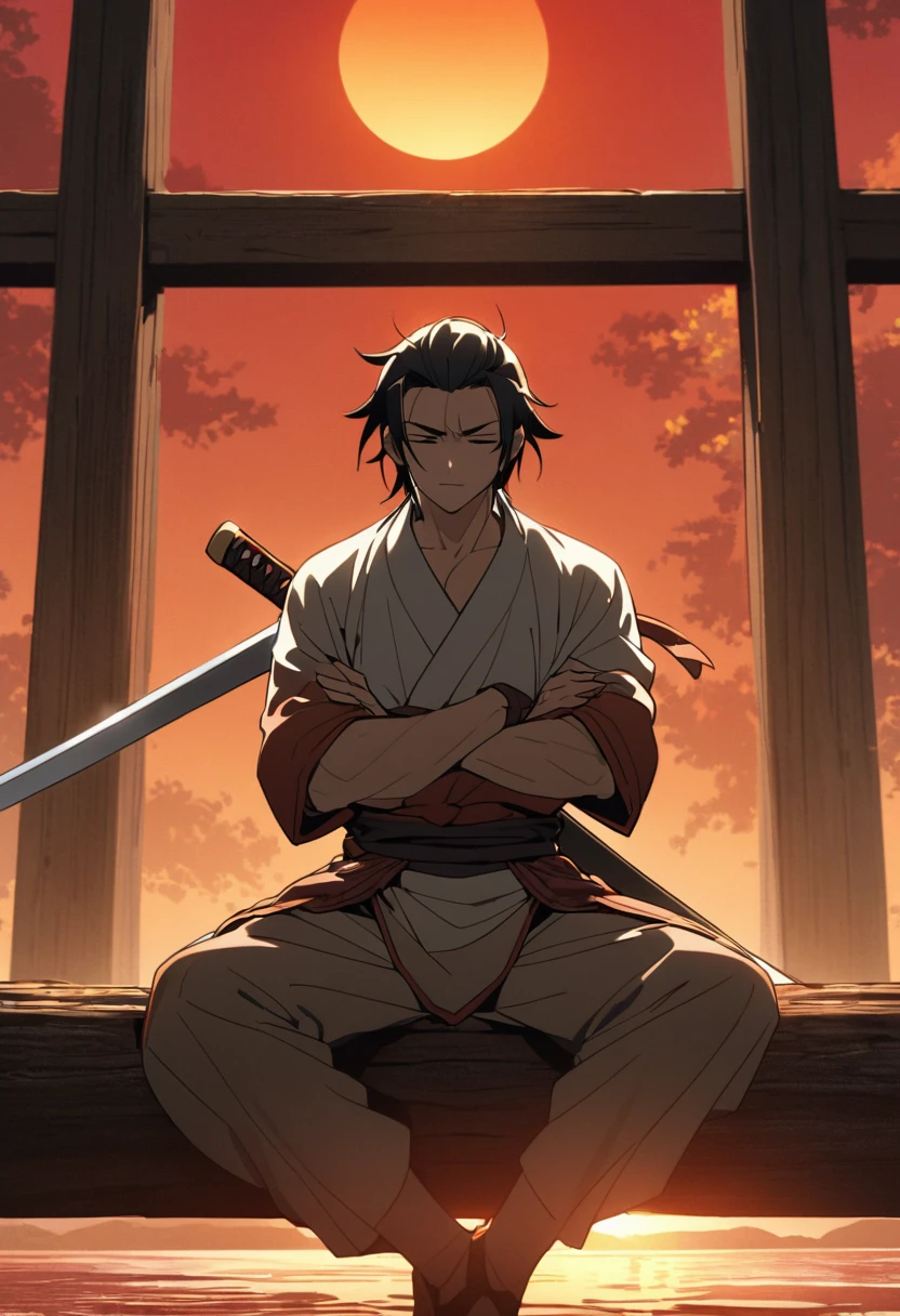 A swordsman from the Sengoku period、Holding two swords on an old wooden bridge、The arms are crossed in a position。His expression is calm and focused.、One of the swords is long and thin、The other one is short and thick。In the background is the setting sun and a red sky.、The swordsman&#39;s two-sword style、Symbolizes the innovation and power of the warrior。」